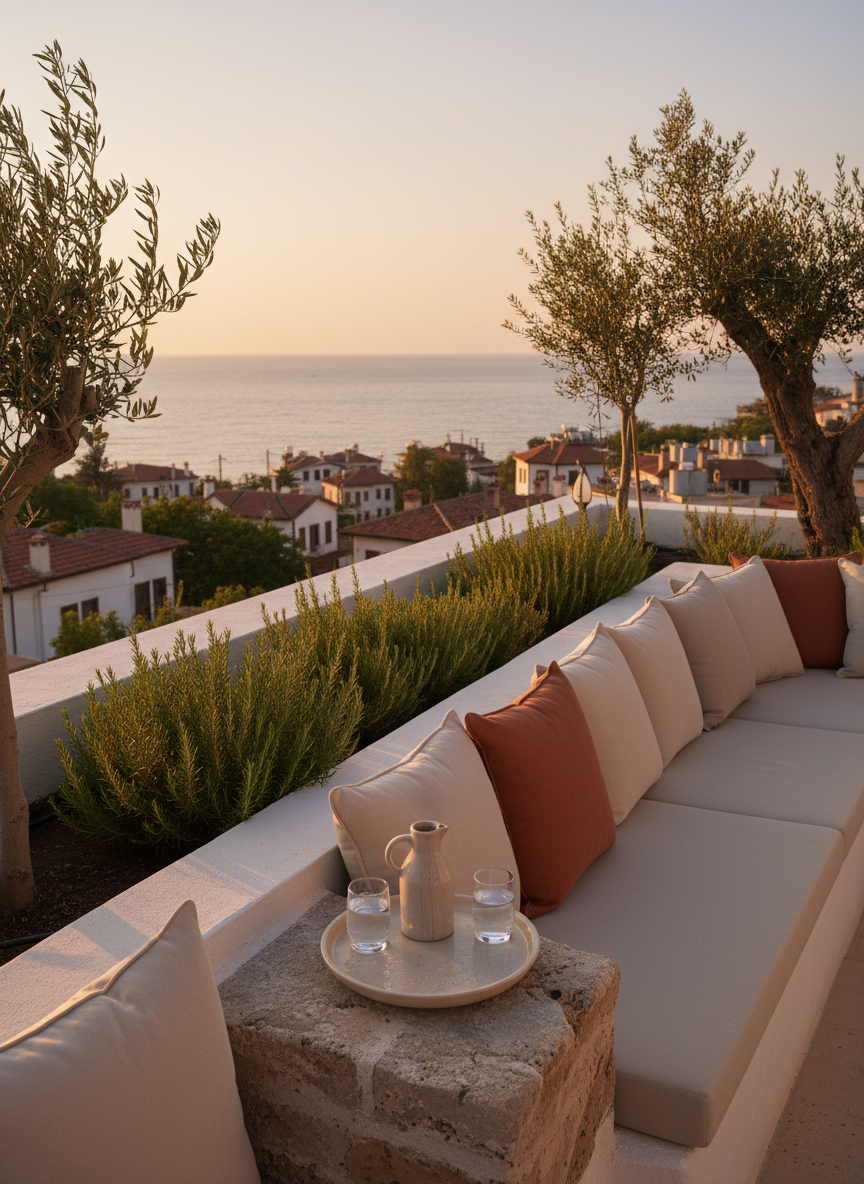 A serene rooftop terrace of a boutique hotel in Urla at sunset, featuring low white masonry seating lined with thick cushions in ivory and muted terracotta tones. A narrow, built-in planter overflows with rosemary and small olive trees, their leaves catching the last warm rays of the sun. A small round side table holds two simple water glasses and a ceramic carafe, beads of condensation visible in the golden light. Beyond the white parapet, the Aegean Sea shimmers softly, with tiled village roofs in the mid-ground. Photographic realism, warm golden-hour lighting, shot with a wide lens and balanced composition, evoking a tranquil, contemplative atmosphere for unwinding after exploring Urla’s art-filled streets.