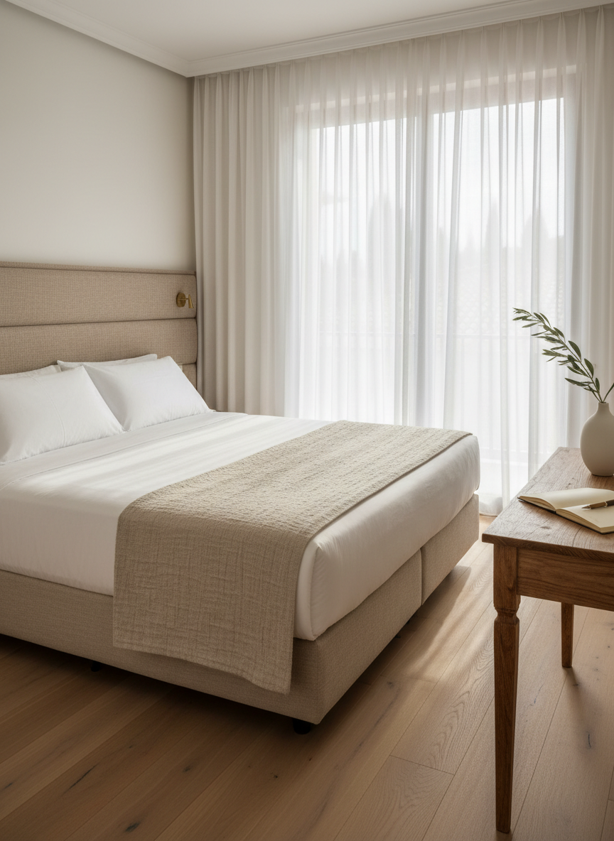 A refined boutique hotel room in Urla featuring a low-profile queen bed with crisp white linen, a textured linen throw in soft sand tones, and a cushioned headboard upholstered in natural beige fabric. To the side, a small handcrafted wooden desk holds a ceramic vase with a single olive branch and an open notebook. A large window with sheer white curtains reveals a blurred hint of Urla’s tiled rooftops. Morning sunlight filters in gently, creating delicate patterns across the bed and pale wooden floorboards. Photographic realism, composed with a centered perspective and shallow depth of field, conveying a calm, airy, guest-focused atmosphere perfect for a serene coastal stay.