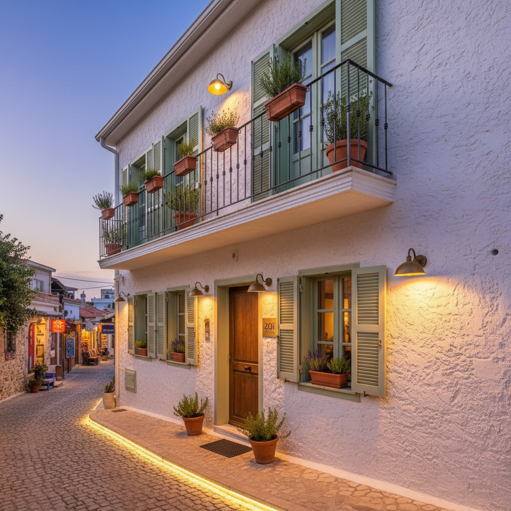 The exterior facade of ZOİ URLA boutique hotel at dusk, with a clean, whitewashed two-story building accented by pale sage-green shutters and simple wrought-iron balconies adorned with potted herbs. Discreet, warm wall sconces cast a golden glow on the textured plaster, while subtle ground lighting highlights a cobblestone pathway leading to a modest wooden entrance door with a minimalist brass plaque reading “ZOİ URLA.” In the background, the narrow lane gently curves toward Urla’s art street, suggested by distant, softly lit galleries and colorful signs rendered in bokeh. Photographic realism, captured from a slightly low, wide-angle perspective, emphasizing the welcoming, serene character of this hidden-gem hotel.