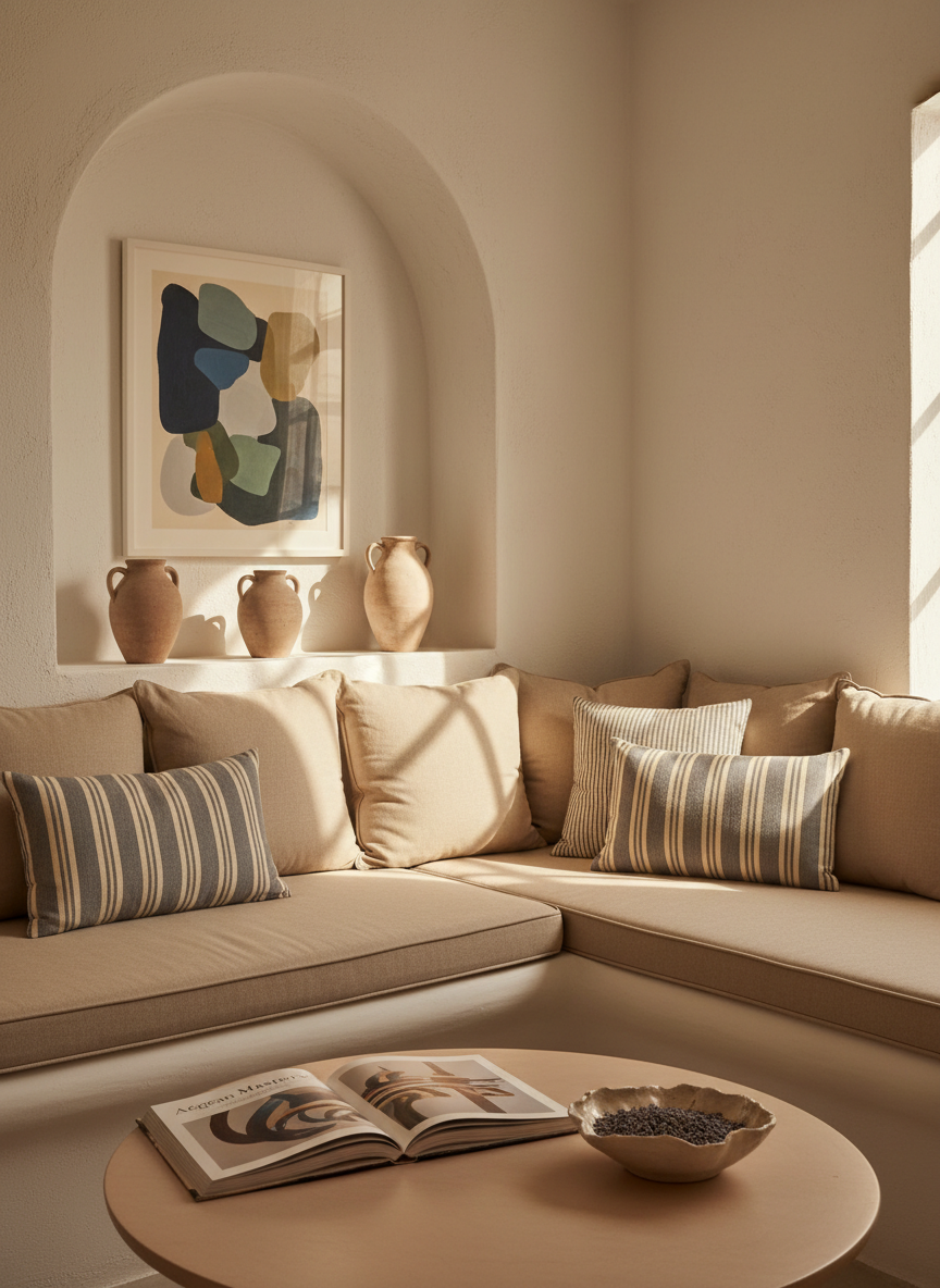 A cozy interior lounge corner of a boutique hotel in Urla, featuring a built-in white stucco bench topped with thick, sand-colored cushions and striped, coastal-style pillows in muted blue and cream. A low, round wooden coffee table with a smooth, matte finish holds an open art book about Aegean painters and a small ceramic bowl of dried lavender. Behind, a niche in the wall displays minimal pottery and a framed abstract artwork reminiscent of Urla’s art street. Soft, diffused afternoon light washes in from an unseen window, creating gentle, calming shadows. Photographic realism, shot at eye level with balanced composition, evoking a cultured yet relaxed atmosphere focused on guest comfort and artistic inspiration.