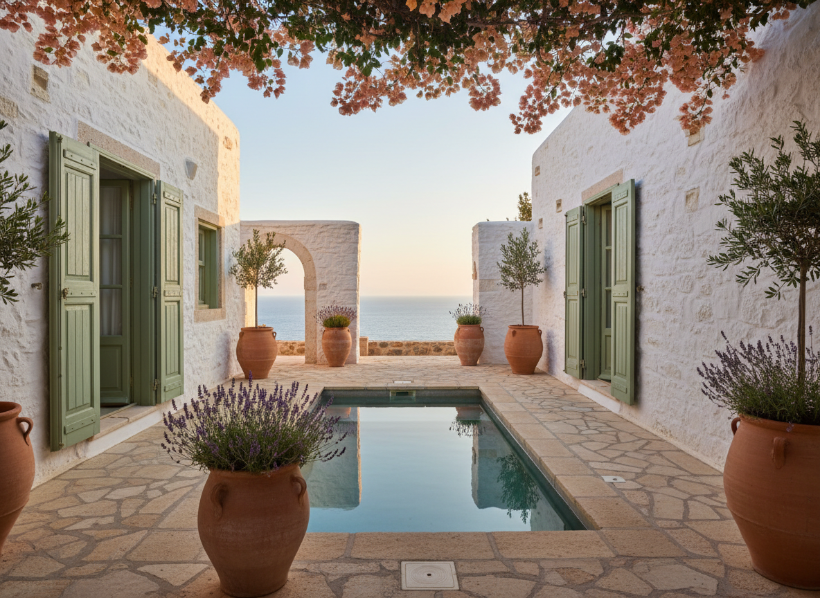 A tranquil boutique hotel courtyard in Urla, centered around a small rectangular stone pool with crystal-clear water gently reflecting the Aegean sky. Whitewashed walls with soft, textured plaster are accented by muted sage-green wooden shutters and terracotta pots overflowing with lavender and olive saplings. Natural stone flooring in warm beige tones leads toward a glimpse of the distant sea. Late afternoon golden light washes the scene, casting soft shadows under climbing bougainvillea. Photographic realism, shot at eye level with a slightly wide angle, crisp focus in the foreground that subtly softens toward the background, creating an inviting, peaceful atmosphere ideal for a quiet escape near Urla’s art street.